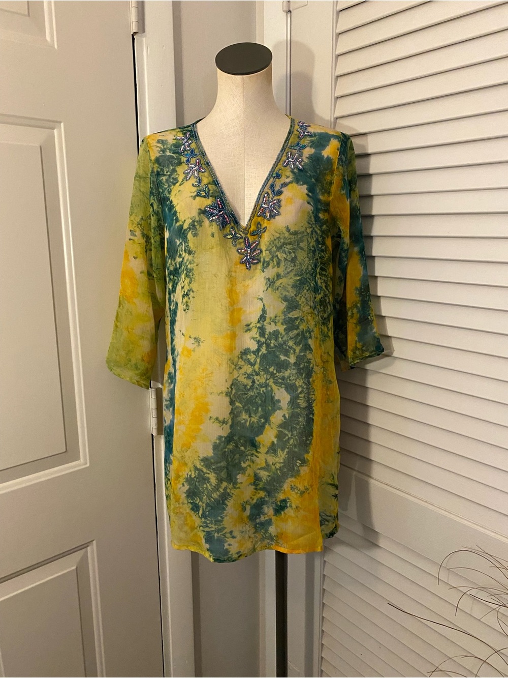 Aqua Blu Yellow & Green Embroidered V-Neck Tunic- Size Medium